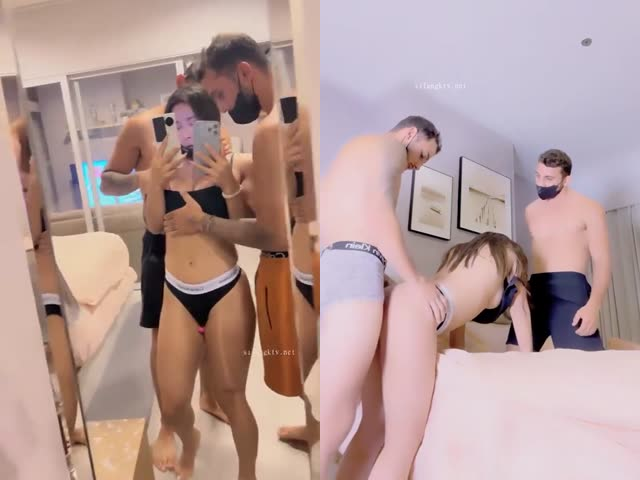 健身小骚货！勾搭两个老外一起操！