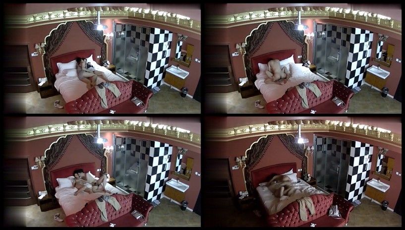 情趣酒店美式大床偷拍眼镜女和男炮友开房激情轮流换上位啪啪 